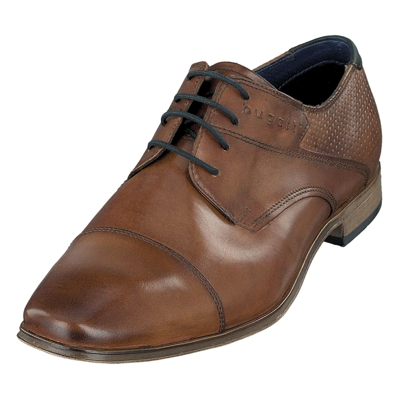 bugatti Men's Business low shoe made of genuine smooth leather, Derby with cross cap and embossed shaft, Cognac, 7.5 UK