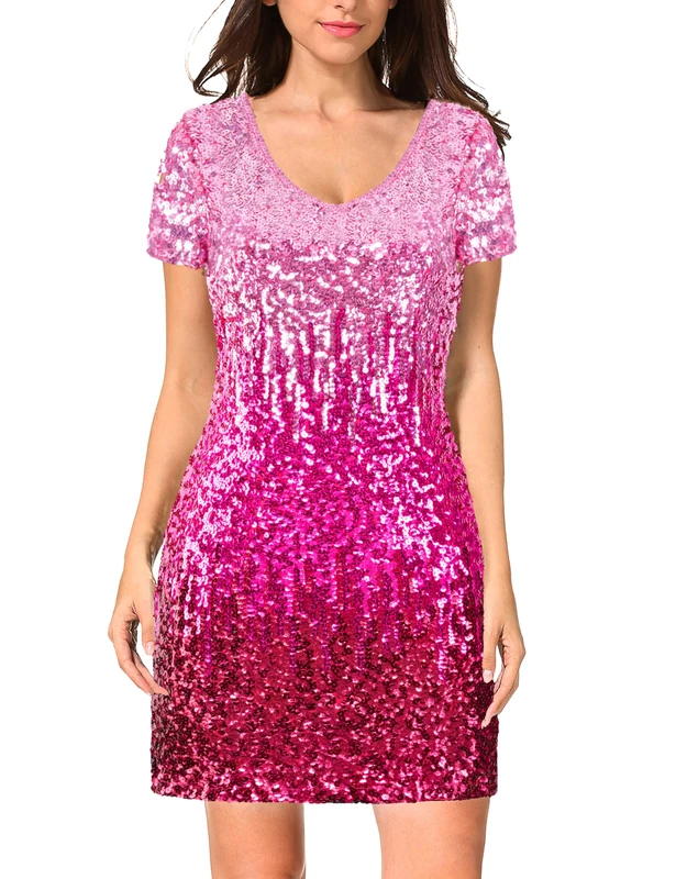 Maner Women's Sequin Glitter Short Sleeve Dress Sexy V Neck Mini Party Club Bodycon Dresses - Pink - Medium - Image 1