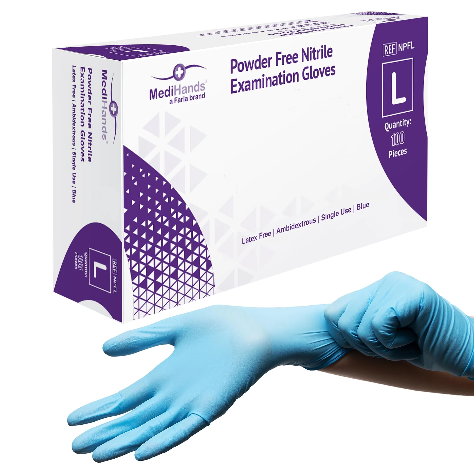 MediHands Nitrile Gloves Large, Blue Heavy Duty Disposable Gloves, Powder Free, Latex Free, and Protein Free, Medical, Food, Multi Use, Pack of 100