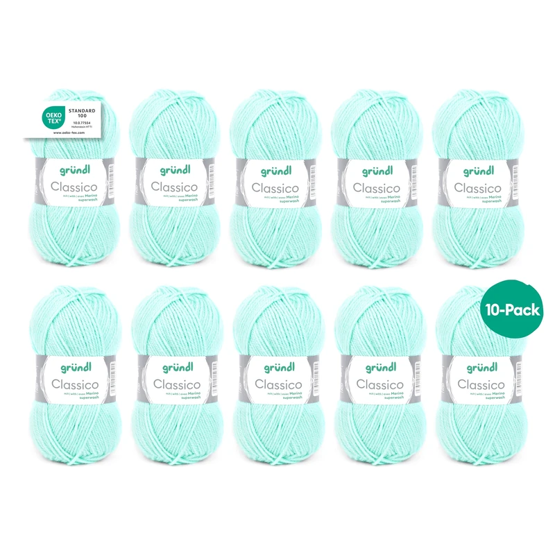 Gründl Classico Wolle (Oeko-TEX® Certified Knitting/Crochet Yarn Made of 50% Pure New Wool (Merino Superwash) & 50% polyacrylic, 50 g/120 m, Needle Size: 3.5-4.5, 10 Balls á 50 g), Mint