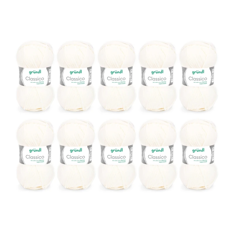 Gründl Classico Wolle (OEKO-TEX® certified knitting/crochet yarn made of 50% pure new wool (Merino superwash) & 50% polyacrylic, 50 g/120 m, needle size: 3.5-4.5, 10 balls á 50 g), White