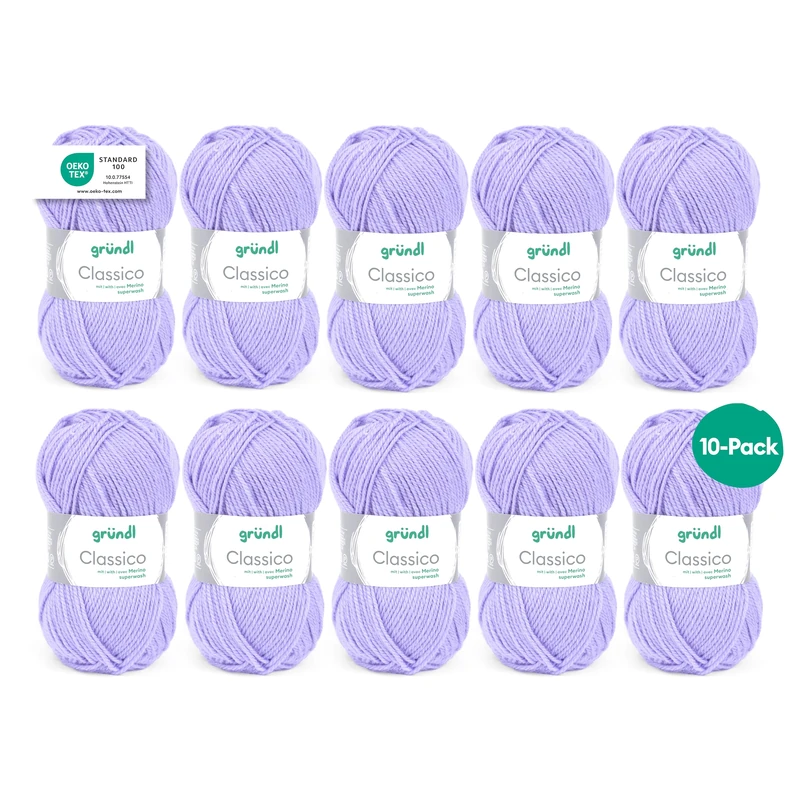 Gründl Classico Wolle (Oeko-TEX® Certified Knitting/Crochet Yarn Made of 50% Pure New Wool (Merino Superwash) & 50% polyacrylic, 50 g/120 m, Needle Size: 3.5-4.5, 10 Balls á 50 g), Lilac - Image 1