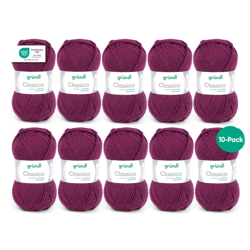 Gründl Classico Wolle (Oeko-TEX® Certified Knitting/Crochet Yarn Made of 50% Pure New Wool (Merino Superwash) & 50% polyacrylic, 50 g/120 m, Needle Size: 3.5-4.5, 10 Balls á 50 g), Bordeaux
