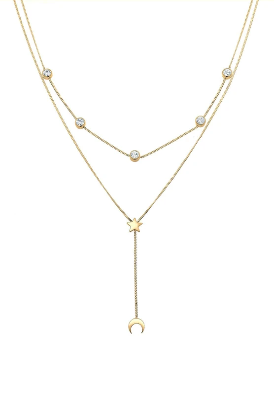 Elli Necklace Crescent Star Layer-Look with Crystals in 925 Sterling Silver Gold Plated