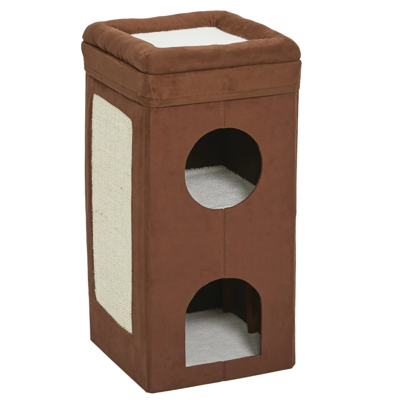 MidWest Homes for Pets Feline Nuvo Curious Cat Condo, Tri-Level Cat Tree, Faux Brown Suede with Hideaways, Bed Top & Sisal Scratch Panel, for Multiple Cats