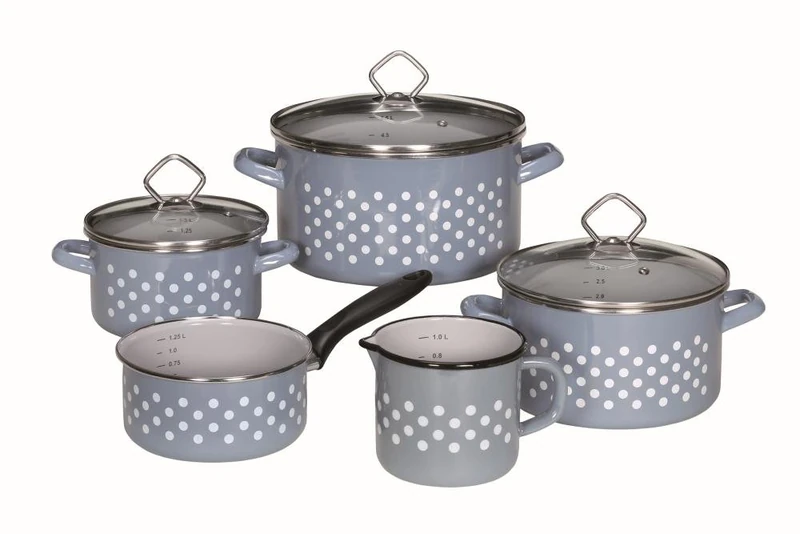 KRÜGER Rügen Enamel Pot Set, 5 Pieces, 60 x 40 x 30 cm, Blue with White Dots - Image 1
