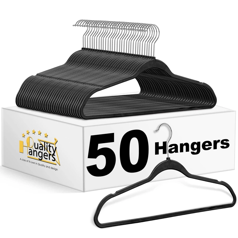Quality Suit Hangers 50-Pack, Non-Velvet Plastic Hangers for Clothes Ultra Thin Space Saving 360 Degree Swivel Hook Strong and Durable Clothes Hangers Hold Up-To 10 Lbs, for Coats, Pants (Black, 50)