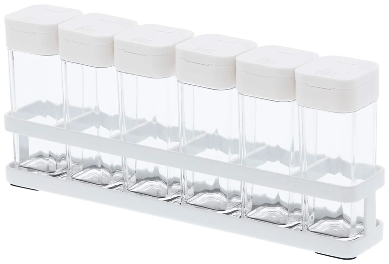 Yamazaki 3347 TOWER Spice Bottle x6 & Rack, white, ACRYLIC Resin/Polyethylene/Steel, Minimalist, 23.5 x 4 x 4 cm