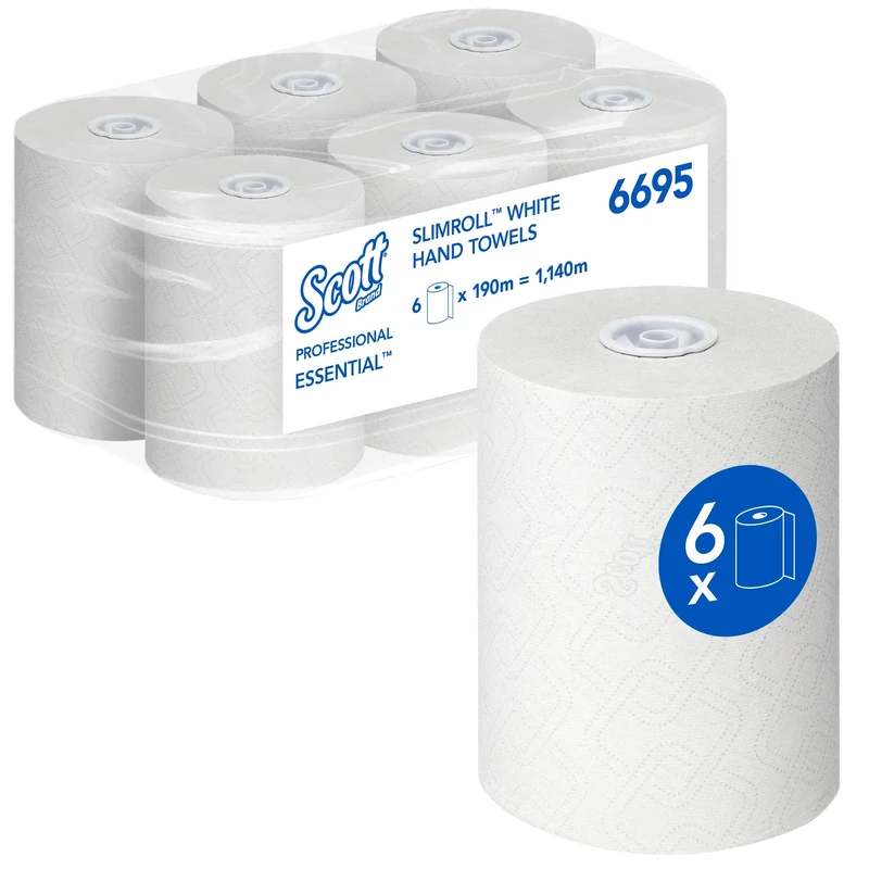 Scott Essential Slimroll White Paper Towel Rolls, Airflex Technology, Food Contact & European Ecolabel Certified, Compatible with Aquarius Dispensers, 6 Rolls x 190m (1,140m Total), model nr 6695