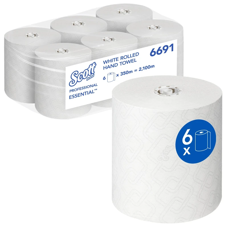 Scott Essential 6691 Rolled Paper Hand Towels, 1-Ply, Standard Roll, 350m, Compatible with Aquarius Dispenser, Fast-Dry Airflex Technology, White, 6 Rolls (2,100m Total)