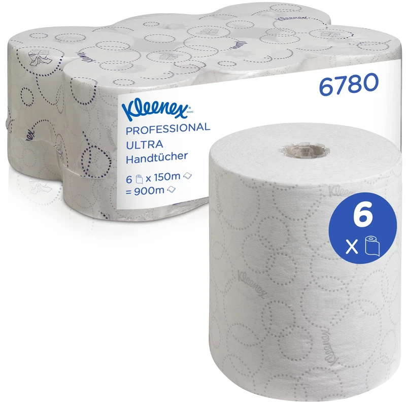 Kleenex Ultra Rolled Paper Hand Towels 6780 – 2-Ply, Embossed, Soft & Absorbent, Food Contact Certified – for Premium Hand Drying – Compatible with Aquarius Dispensers – 6 x 150m (900m Total)