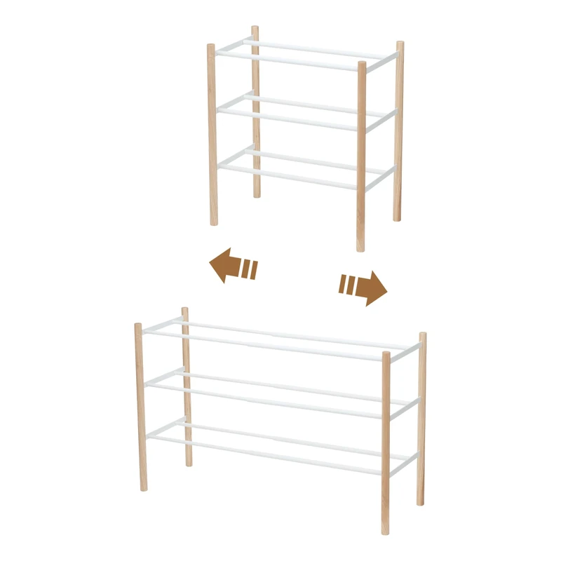 Yamazaki 3518 PLAIN 3-Tiered Extendable Shoe Rack, white, Steel/Wood, Minimalist, 41～70 x 25 x 45.5 cm