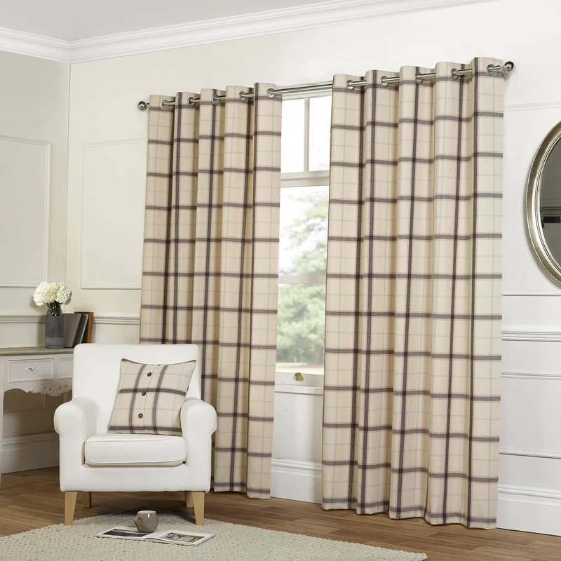 Rapport Plaid Check Eyelet Curtains, Natural, 46 x 90-Inch