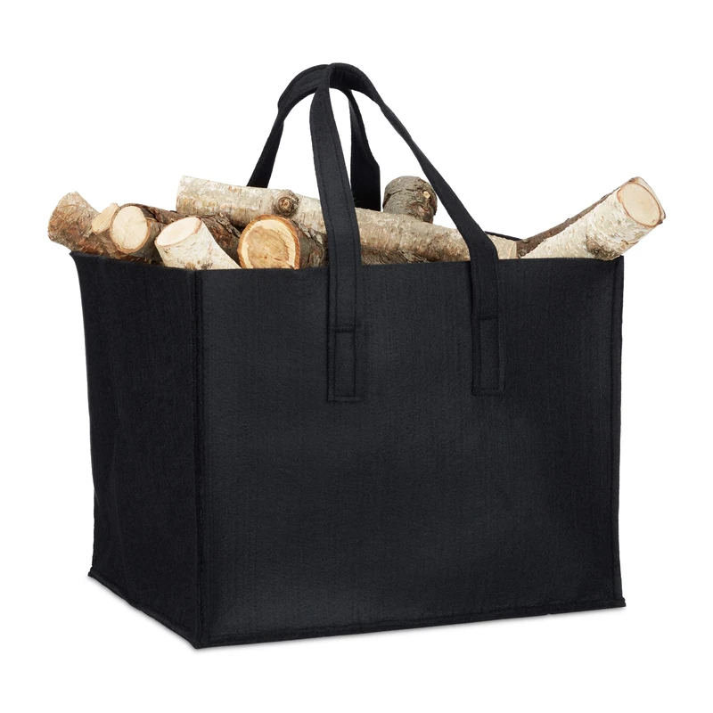 Relaxdays Felt Firewood Basket, HxWxD: 34.5 x 43 x 36.5 cm, 2 Handles, Foldable, Newspaper Holder, Black