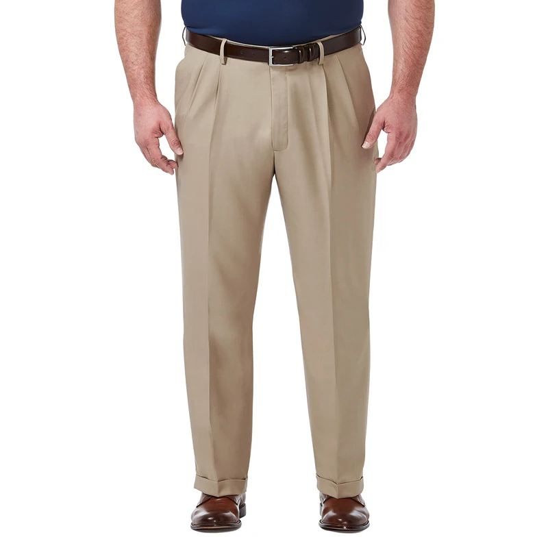 Haggar Men's Premium Comfort Classic Fit Pleat Front Dress Pant (Regular and Big & Tall Sizes), Medium Khaki Bt, 44W x 29L