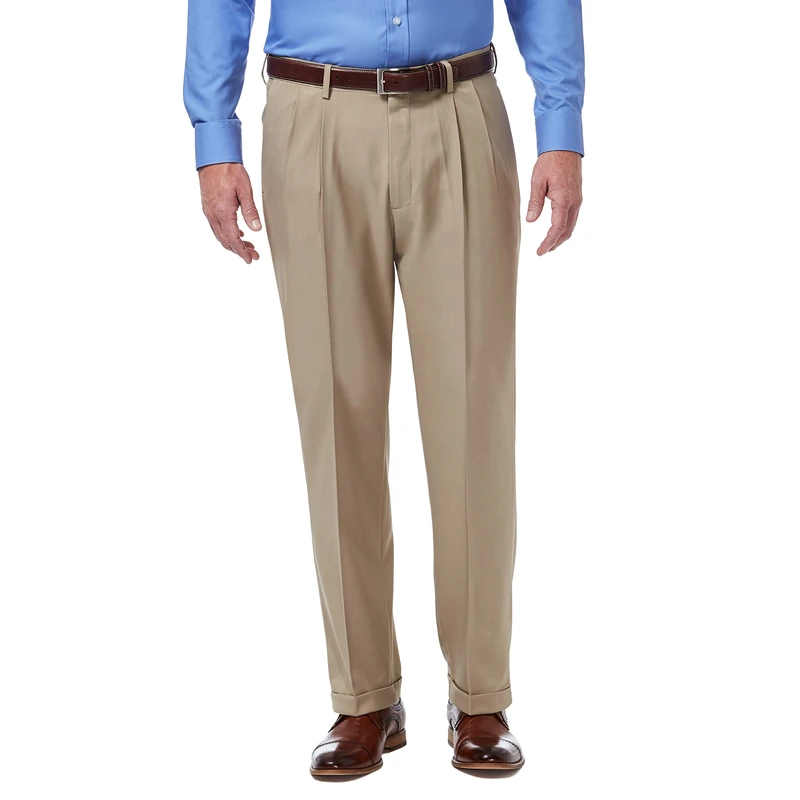 Haggar Men's Premium Comfort Classic Fit Pleat Front Pant Reg. and Big & Tall Sizes Dress, Medium Khaki, 36W x 32L