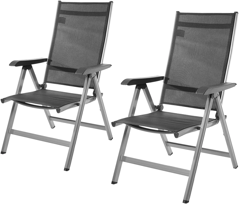 Amazon Basics High-Back 5-Position Adjustable and Foldable Outdoor, Garden, Patio Furniture & Camping Chair with Side Arms, Set of 2, 69D x 60,5W x 110H cm, Grey