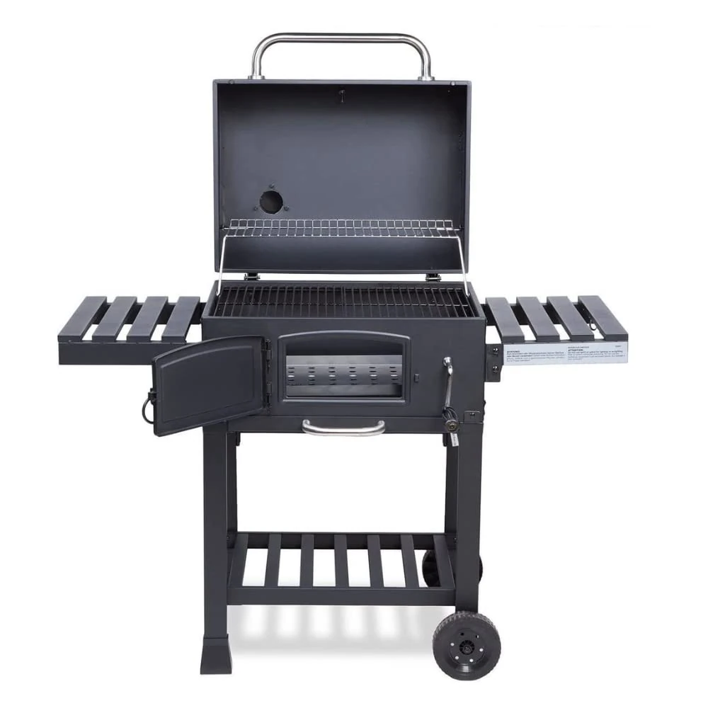 CosmoGrill Outdoor XL Smoker Barbecue Charcoal Portable BBQ Grill, 2 Folding Side Table, Built-in Thermometer, Adjustable Charcoal Pan & Chimney, Wheels, Large Coal BBQ Smoker for Home Garden Cooking