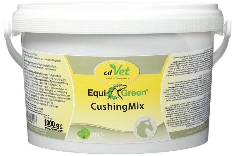 cdVet Naturprodukte EquiGreen CushingMix 1 kg - Horses and ponies - metabolic problems - ideal for strong-breeding mares - detoxification organs - vital substances - with monk pepper and green oats -