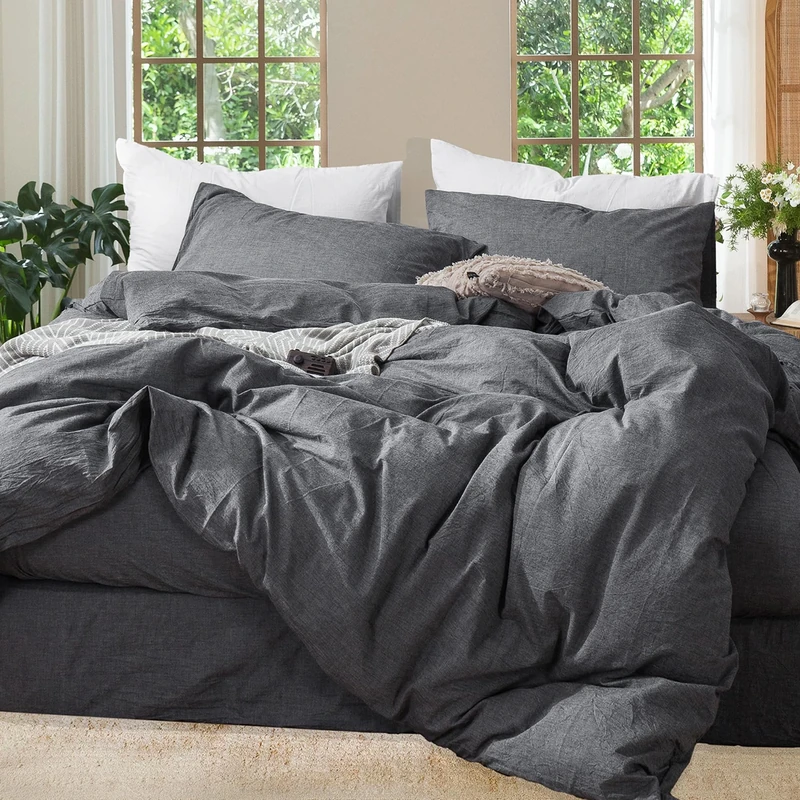MOOMEE Bedding Duvet Cover Set 100% Washed Cotton Linen Like Textured Breathable Durable Soft Comfy (Dark Grey, Queen)