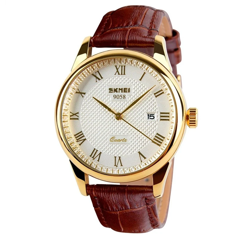 SKMEI Men's Business Watch - Brown Leather & Gold Roman Dial - Image 1