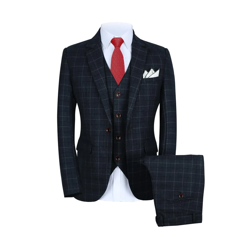 Mens One Button Slim Fit Three Piece Checked Suit Blazer+Waistcoat+Pants UK Size 32 (Lable L) Grey