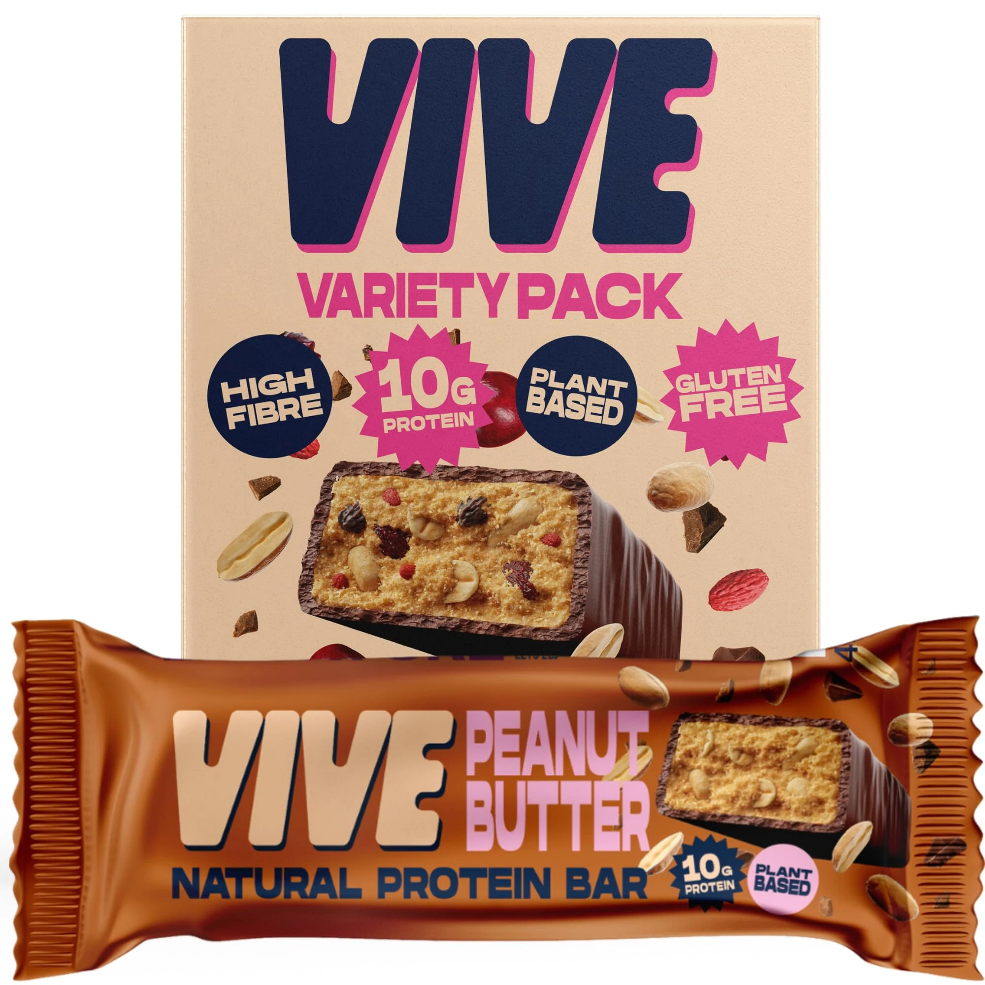 Vive Vegan Protein Bars Variety Pack – Dark Chocolate Coated Salted Caramel, Peanut Butter & Hazelnut – High Fibre Snacks, 12 Pack