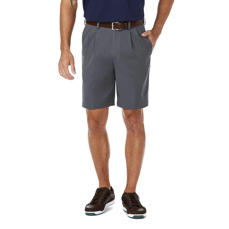Haggar Men's Cool 18 Pro Straight Fit Pleated Front 4-Way Stretch Expandable Waist Golf Performance Short, Grey, 40
