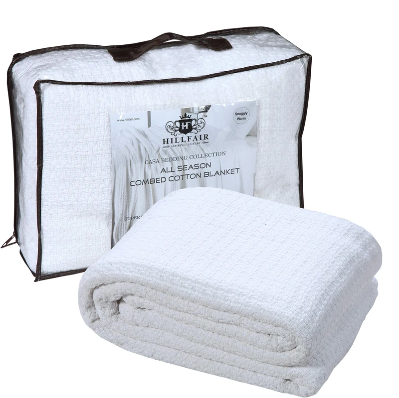 HILLFAIR 100% Soft Premium Combed Cotton Thermal Blanket– Twin Blankets – Soft Cozy Warm Cotton Blanket– Bed Throw Blanket– Twin Bed Blankets– All Season Cotton Blankets– White Twin Cotton Blankets