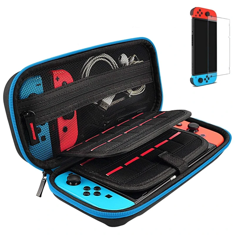 daydayup Switch Case and Tempered Glass Screen Protector Compatible with Nintendo Switch - Deluxe Hard Shell Travel Carrying Case, Pouch Case for Nintendo Switch Console & Accessories (Blue)