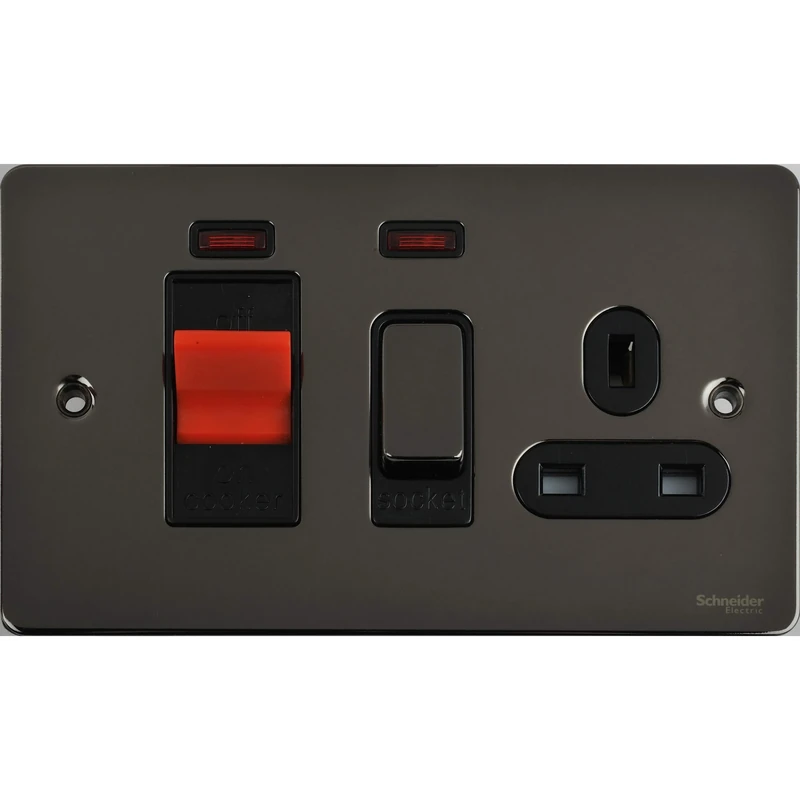 Schneider Electric Ultimate Flat Plate - Switched Cooker Control Unit with 13A Single Power Socket, Double Pole, Neon Indicator, 45A, GU4201BBN, Black Nickel with Black Insert