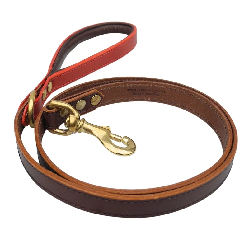 Houndworthy Monogram Luxury Bridle Leather Dog Lead, 120 cm, Chestnut Brown