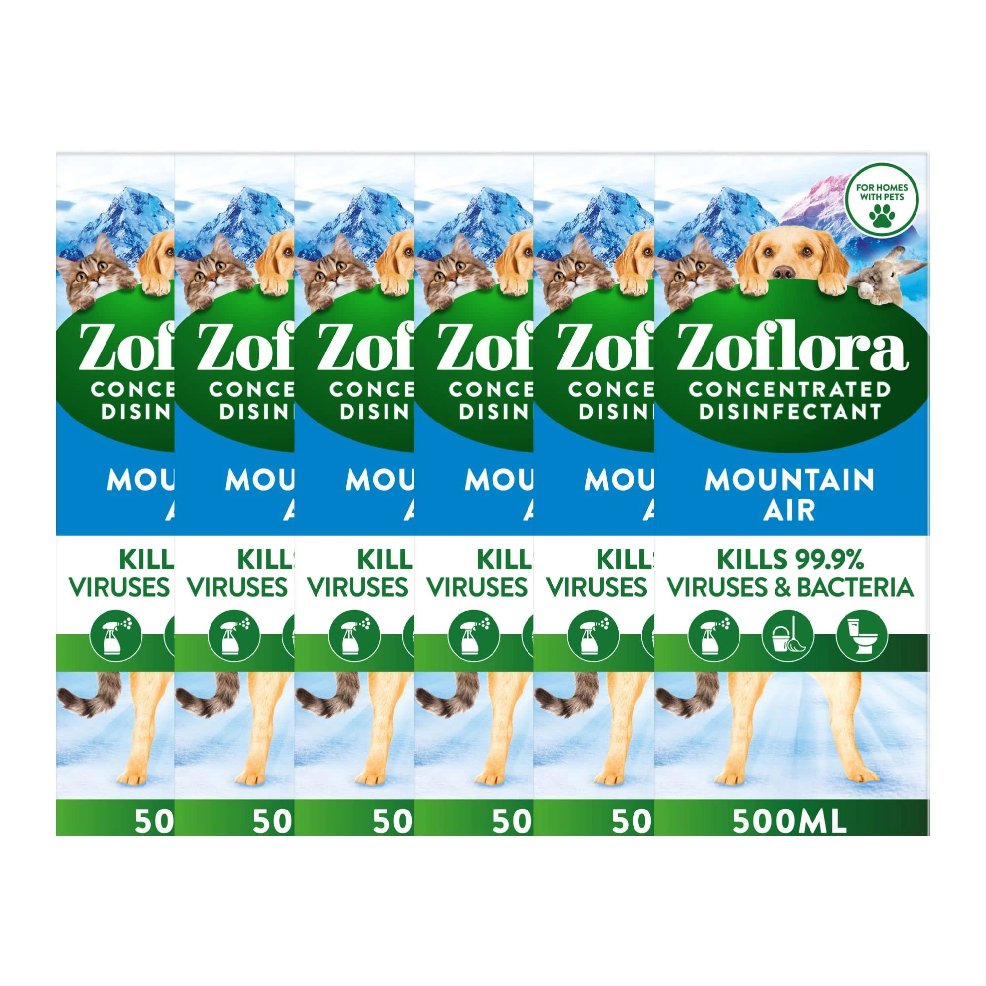 Zoflora Fresh Home Mountain Air Concentrated Disinfectant Liquid, Pack of 6 x 500ml,Pet-Safe Multi-Surface Cleaner, Antibacterial, Kills 99.9% of Germs