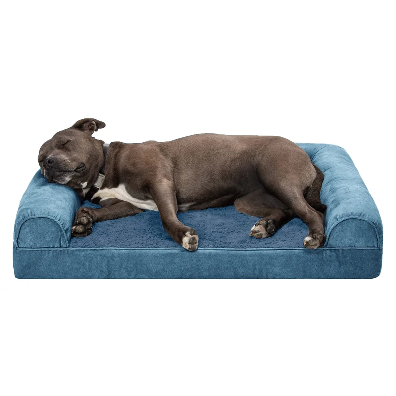 Furhaven Large Orthopedic Dog Bed Faux Fur & Velvet Sofa-Style w/Removable Washable Cover - Harbor Blue, Large