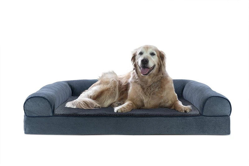 FurHaven Cooling Gel Dog Bed for Large Dogs w/Removable Bolsters & Washable Cover, For Dogs Up to 95 lbs - Sherpa & Chenille Sofa - Orion Blue, Jumbo/XL