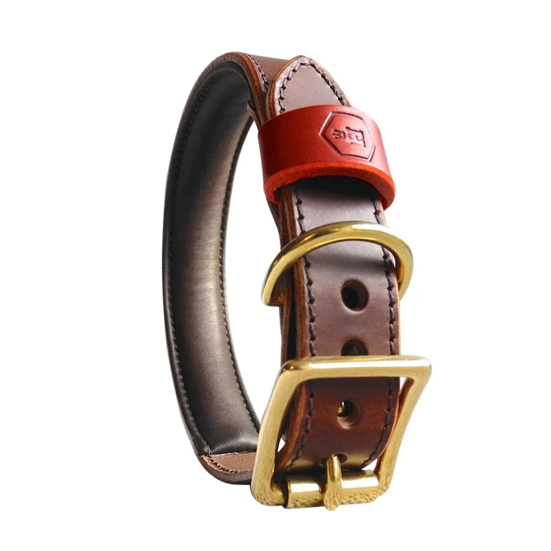 Houndworthy Monogram Luxury Padded Bridle Leather Dog Collar, Large, 37-46 cm, Chestnut Brown