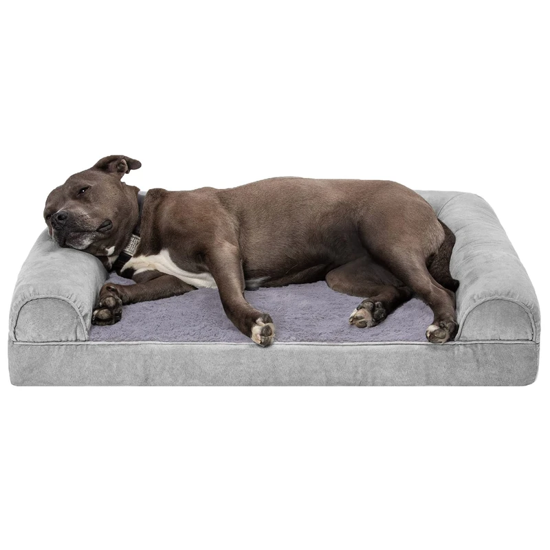 Furhaven Large Orthopedic Dog Bed Faux Fur & Velvet Sofa-Style w/Removable Washable Cover - Smoke Gray, Large