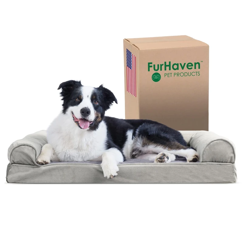 Furhaven Cooling Gel Dog Bed for Large/Medium Dogs w/Removable Bolsters & Washable Cover, For Dogs Up to 55 lbs - Faux Fur & Velvet Sofa - Smoke Gray, Large