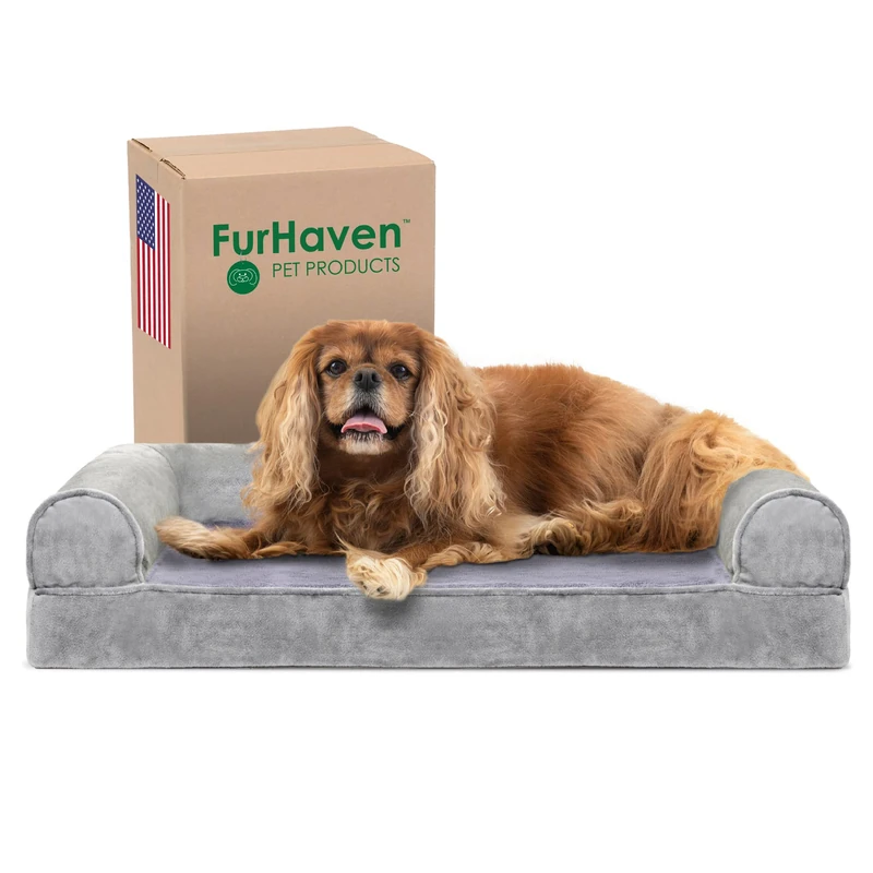 FurHaven Cooling Gel Dog Bed for Medium/Small Dogs w/Removable Bolsters & Washable Cover, For Dogs Up to 35 lbs - Faux Fur & Velvet Sofa - Smoke Gray, Medium
