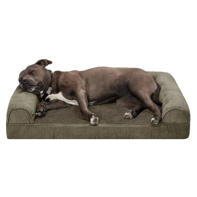 Furhaven Large Orthopedic Dog Bed Faux Fur & Velvet Sofa-Style w/Removable Washable Cover - Dark Sage, Large