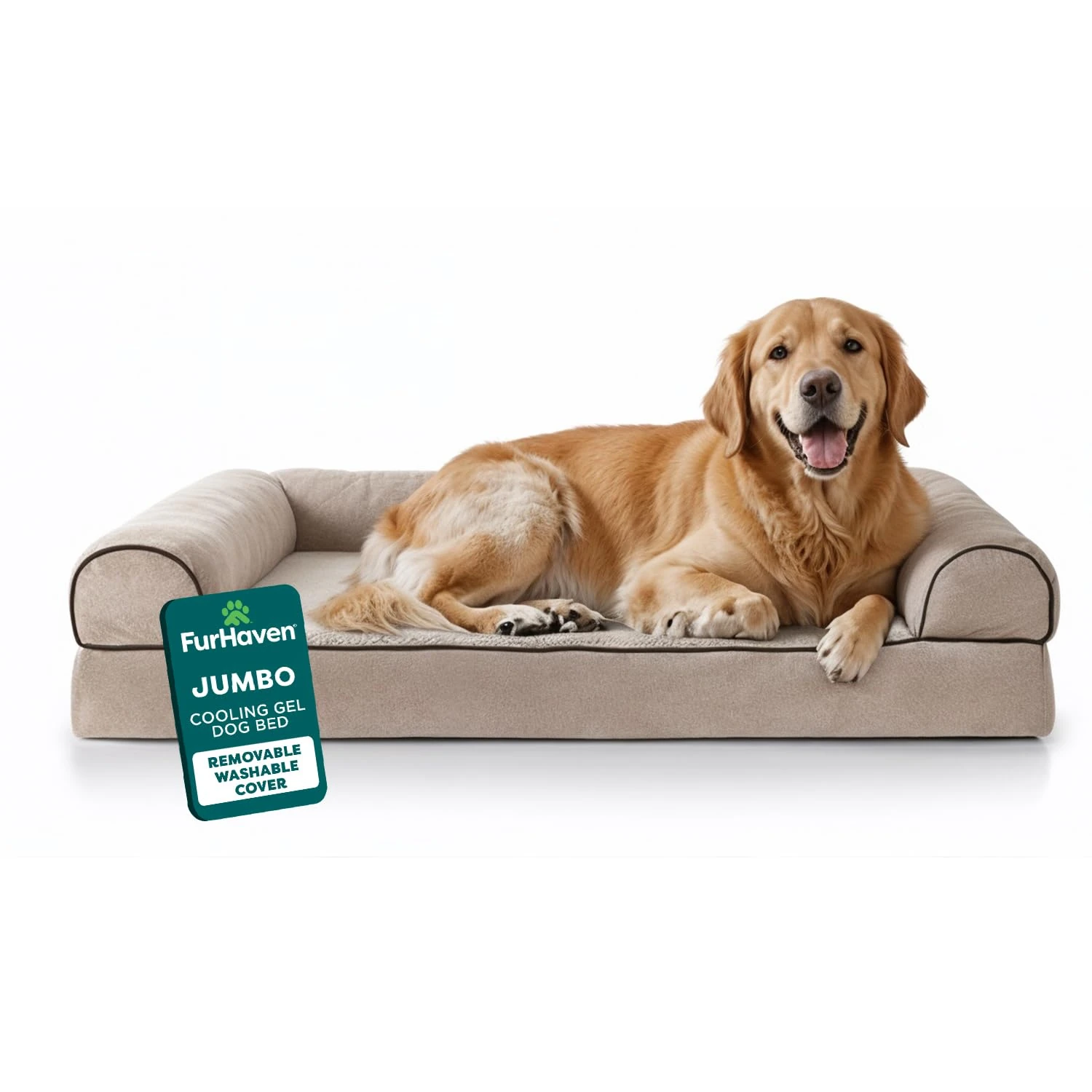 Furhaven Cooling Gel Dog Bed for Large Dogs w/Removable Bolsters & Washable Cover, For Dogs Up to 95 lbs - Sherpa & Chenille Sofa - Cream, Jumbo/XL