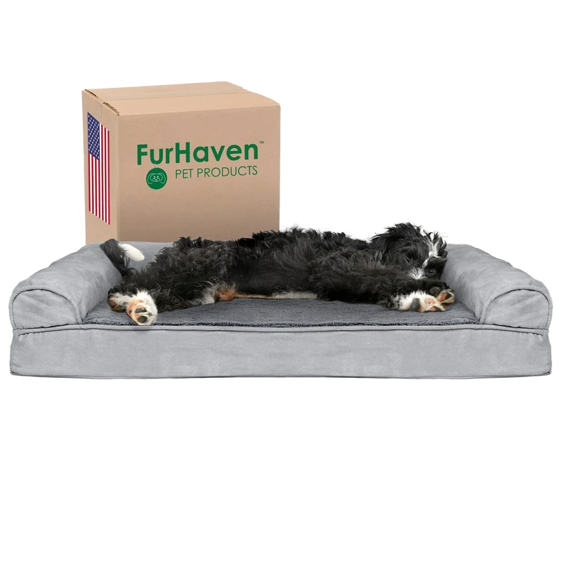 FurHaven Large Memory Foam Dog Bed Plush & Suede Sofa-Style w/Removable Washable Cover - Gray, Large