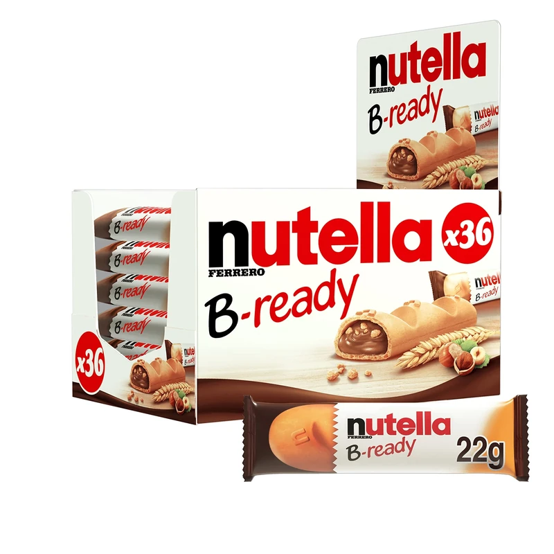 Nutella B-Ready Hazelnut Biscuit Snack Bars, Bulk Chocolate Gift, Wafer Filled with Hazelnut Spread and Cocoa, Pack of 36 x 22g