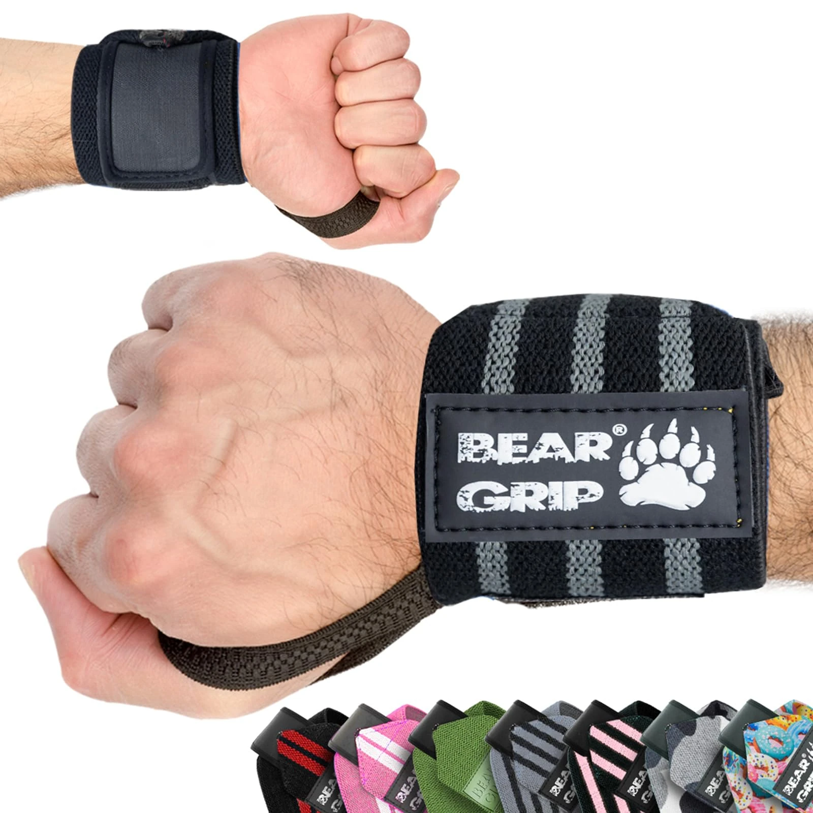 BEAR GRIP - Weight lifting wrist support wraps (Sold in pairs) (BLACKGREY)