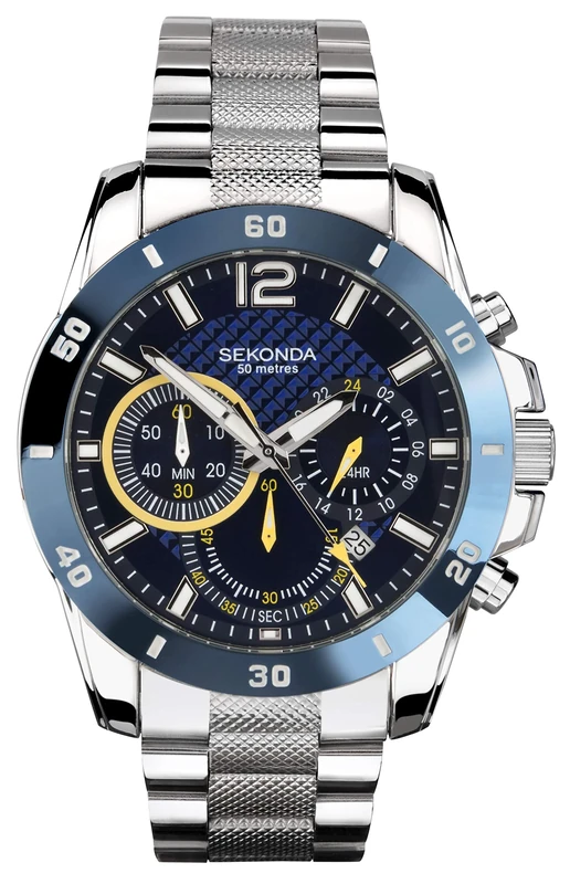 Sekonda Mens Solo 44mm Sport Chronograph Quartz Watch with Date Display 50M Water Resistant, Silver, Blue, Bracelet - Image 1