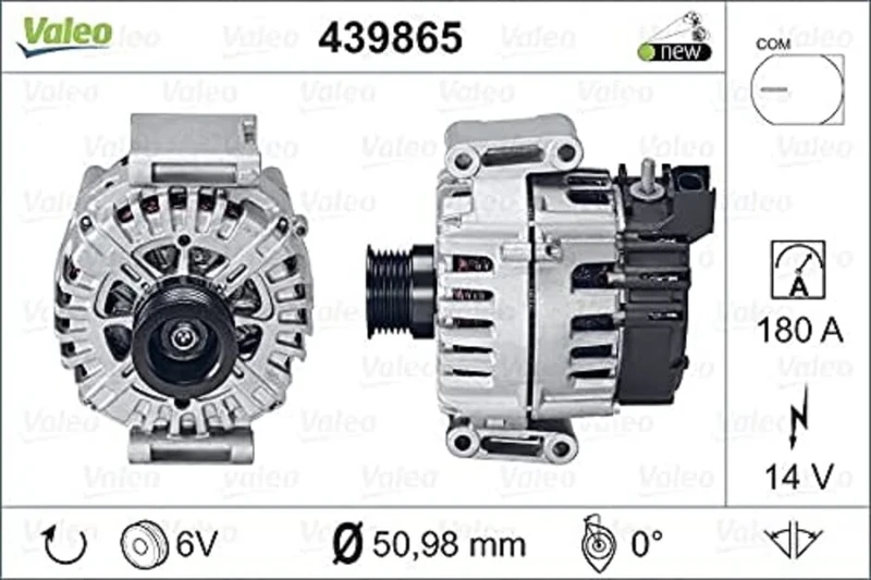 VALEO 439865 Alternator Alternator Charge current: 180 Amp Grooves: 6 grooves Pulley diameter: 51 mm Voltage: 14 V Rotation direction: CLOCKWISE