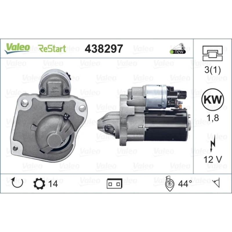 VALEO 438297 Starter Power: 1,8 kW Stop & Start: YES Number of teeth: 14 teeth Voltage: 12 V Rotation direction: CLOCKWISE