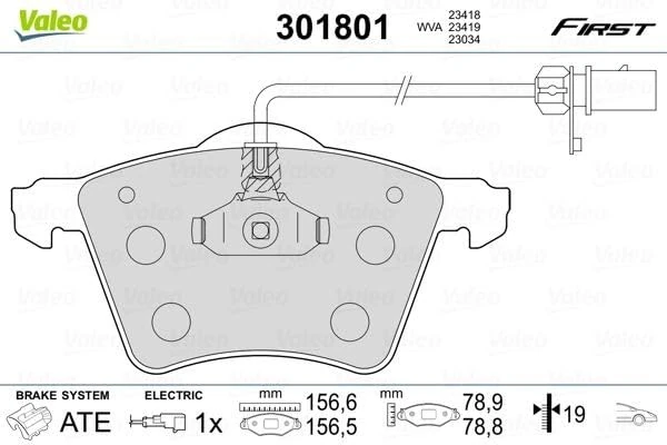 VALEO - Brake pads First - 301801 - Set of 4 pads - Front axle - Fully equipped with mounted accessories
