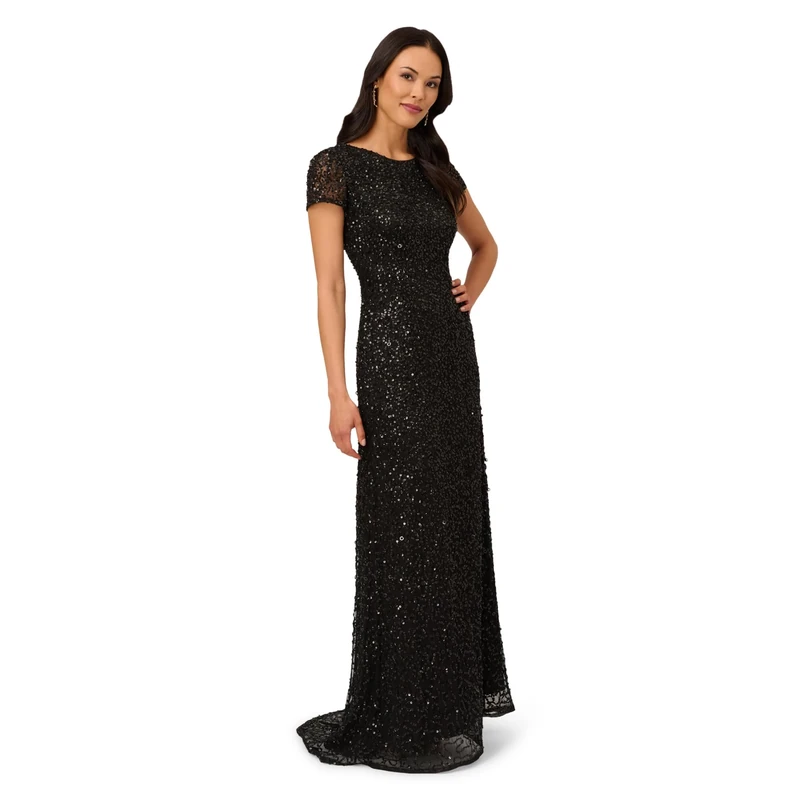 Adrianna Papell Women's Short-Sleeve All Over Sequin Gown Dress, Black, 10