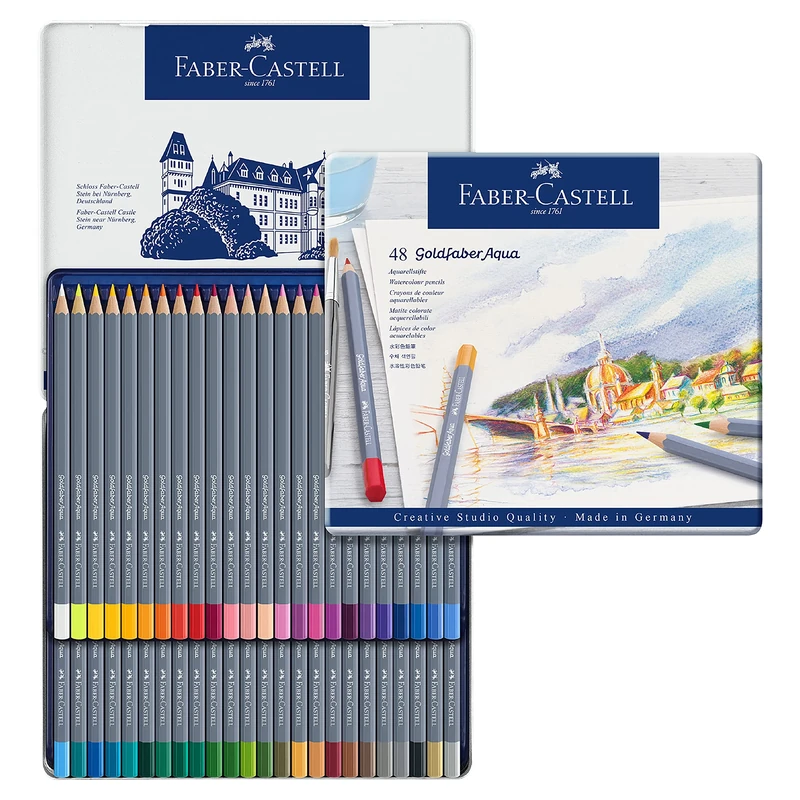 Faber-Castell Creative Studio Goldfaber Aqua Watercolour Pencil, Multicoloured (Multicoloured) Tin Of 48 Pencils, For Art, Craft, Drawing, Sketching, Home, School, University, Colouring